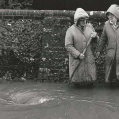 Flooding outside Frogmore Cottage Flooding outside Frogmore Cottage, George (last thatcher in East Meon) & Jean Samways