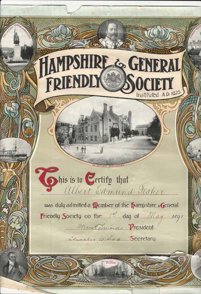 Hampshire & General Friendly Society certificate of membership