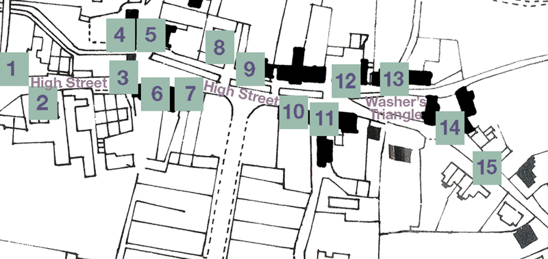 Map showing location of Shops and Trades in East Meon High Street in the early 20th century