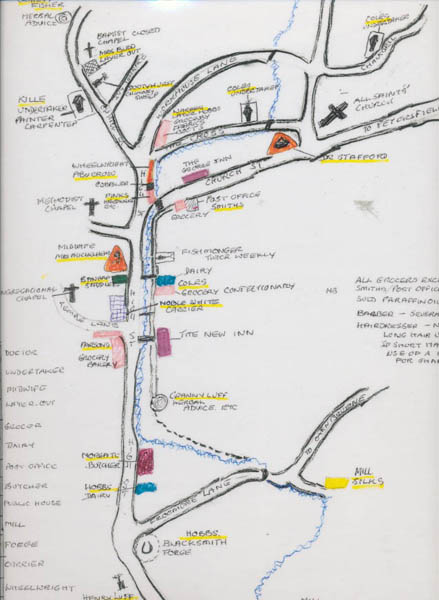 Margery Lambert's map of East Meon's shops and trades in the 1920s. The map is not topographically correct ....