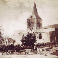 Print of church Print of All Saints, unknown date or artist, Note roof line and sizeable cottage in grounds