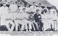 The Westbury cricket team, 1909. Colonel Le Roy-Lewis is wearing a boater and dark jacket, his wife and son on either side.