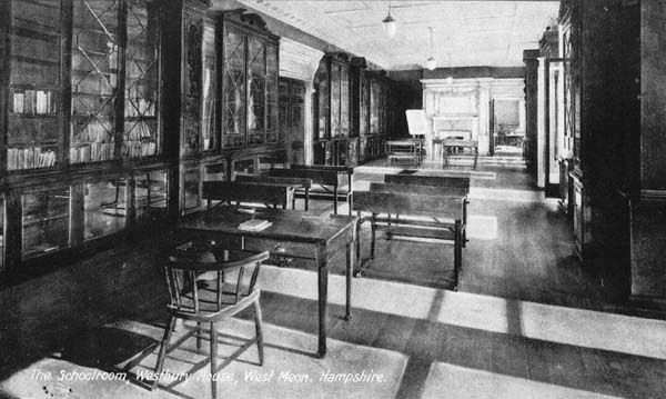 Westbury House library, still showing the magnificent shelves and book cases.