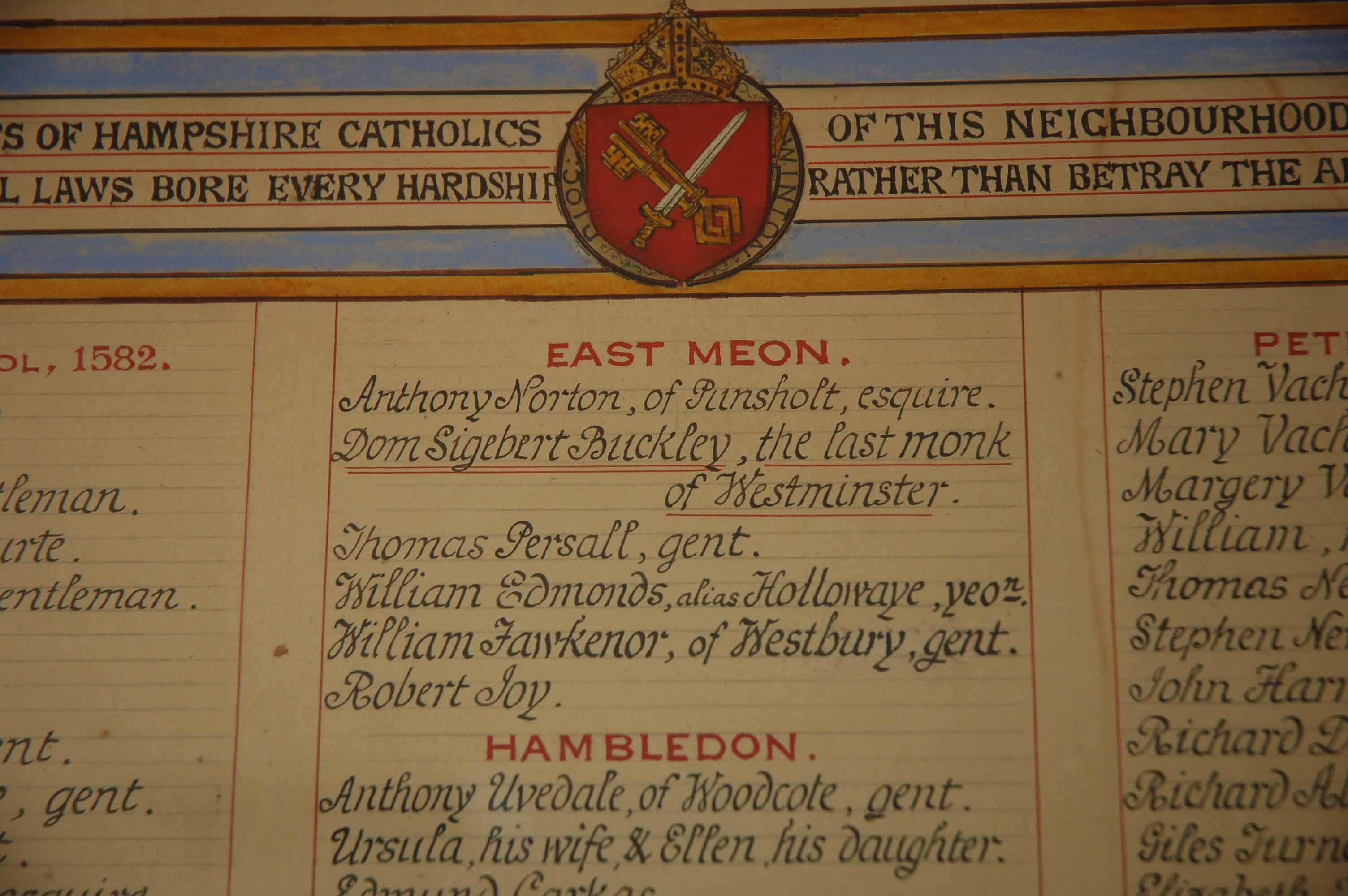 A plaque in St Laurence, Petersfield, commemorating Catholics who had suffered for