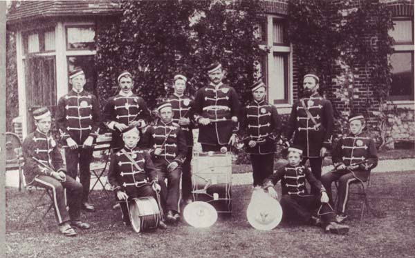 Fife & drum band at Langrish vicarage, 1898. Clara Fisher's father Robert is standing, second from left, and his father, Goerge, on the right.