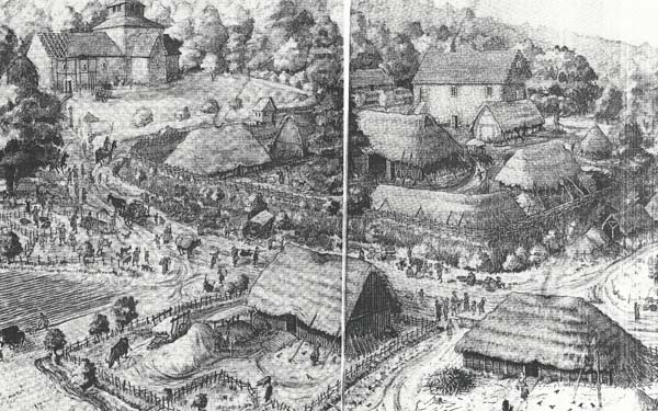 A brief history of East Meon. Artist's impression of Domesday village.