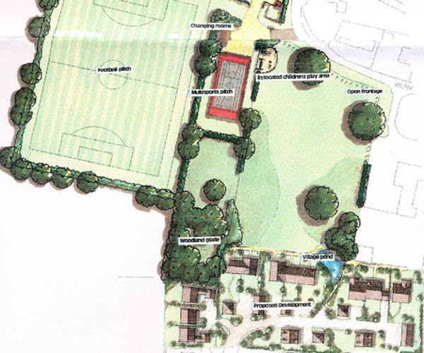 HGP plan with football field to the west and housing at south end of Kews Meadow.