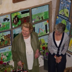 Patricia Routledge and Clare Bartlett with exhibition of children's art