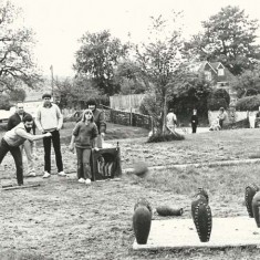 Skittles at Church Fete or School Fair. b Skittles at Church Fete or School Fair. Andrew Atherton, Jeanette Whitear, front Michaela or Casey Whitear