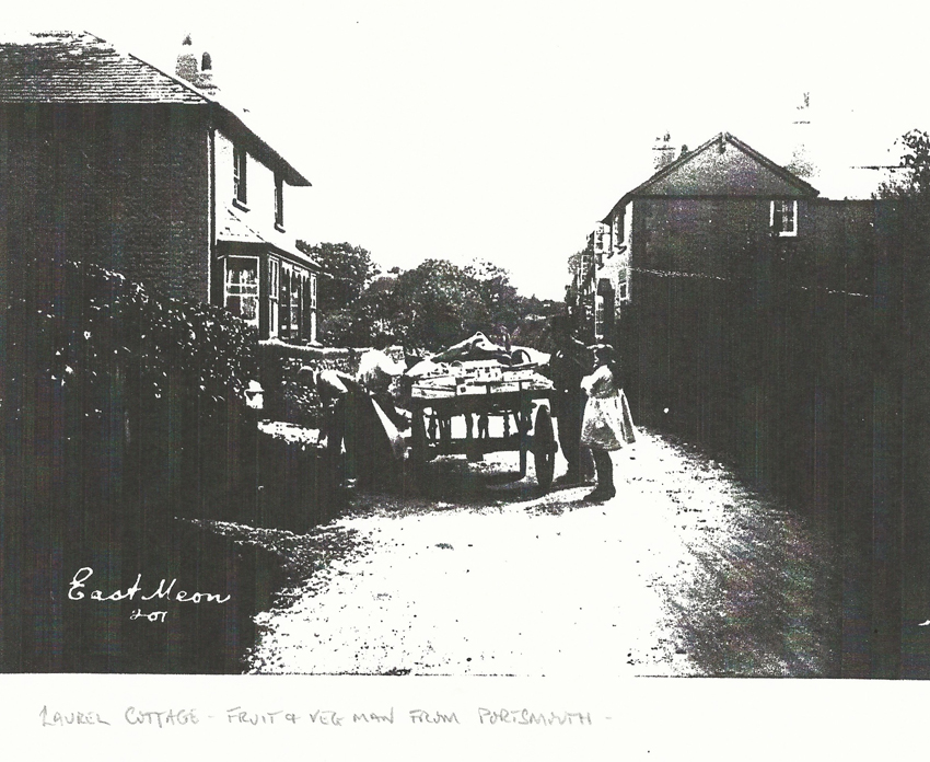 Photocopy of photo of Laurel Cottage with fruit and veg man from Portsmouth. Kilburn House on right.
