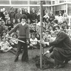 Tree planting at East Meon Church of England Primary School Jonathan Sparrow with spade, Wyndham Lewis, headmaster holding tree.