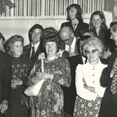 b& w group with glasses. Dance at Tosdevines' barn, while VIllage Hall was being built. On left, George Young, Arthur & Sheila Newbury on right, front row. Andy and Carol Powney, back row. Help with identification of others would be most welcome.