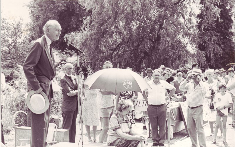Alex Douglas Home at Church Fete, Rev Smith in background.