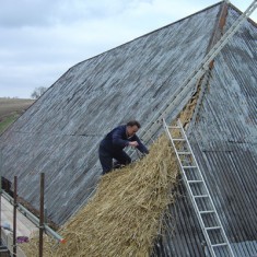Lyle Morgan thatching barn at Lower Farm.