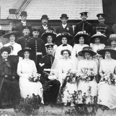 Wedding of Owen Budd to Mabel Stone, 1912 Wedding of Owen Budd to Mabel Stone in 1912. Back row: William Newbold, Arthur Budd, George Stone, Crispin Budd, John (Jack) Newbold, Dorothy Newbold. Centre row: Florence Budd, Edith Budd, Fred Hutty (Edith's husband); Jess Vince, ? ? (one of them possibly Alice Stone, mother of the bride); Sophia Budd, Emily Newbold (daughter), Emily Newbold, nee Budd (mother), George Stone (Owen's father in law). Front row: Sophia Harriet Budd (Owen's mother), Winifred Newbold, Owen Budd, Mabel Budd, nee Stone (Owen's wife), Bertha Stone,? .