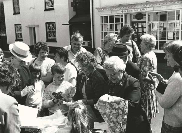 Retirement of Mrs Phillips, post woman. L to R, back row Rev Peter Wadsworth, Shirley Kitcher, Tricia Stephens, Rosemary Ryder, Dot Hickling, Front row, n.k., n.k., Eddy Phillips, Iris Porter, Maude Emptage (mother of John),