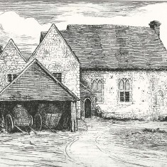 Bryden Print Court Farm. Court Farm etched by Robert Brydon in 1905, before Morley Horder bought The Court House and restored the Hall to its mediaeval splendour