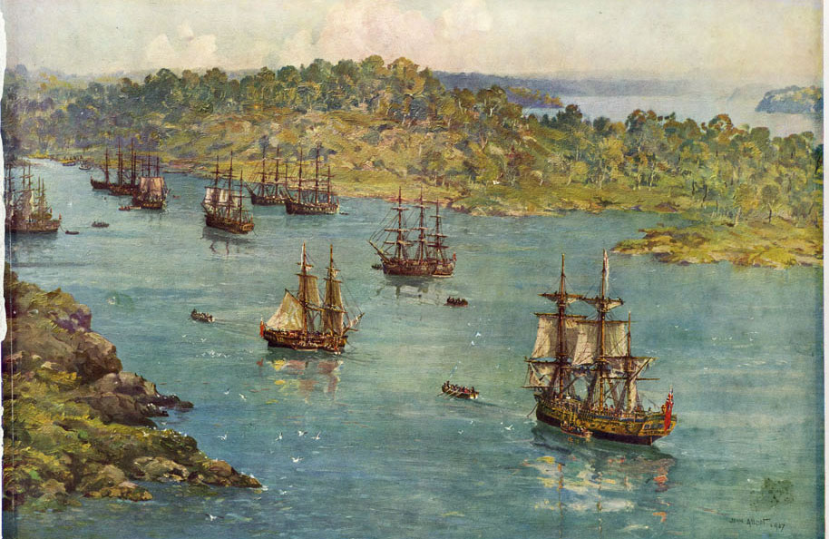 The First Fleet of convicts and soldiers arrives in Botany Bay, 1787