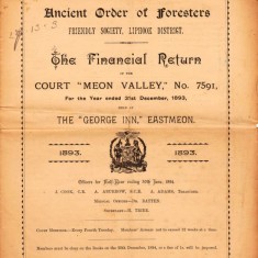 East Meon Court A O F 1893 001 Financial Return, 1893, of the Court 'Meon Valley' of the Ancient Order of Foresters Friendly Society