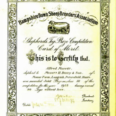 Hampshire Down SheepBreeders Association Certificate awarded by the Hampshire Down SheepBreeders Association to Shepherd Alfred Merritt, Shepherd to Henry Berry & Son. 1923.