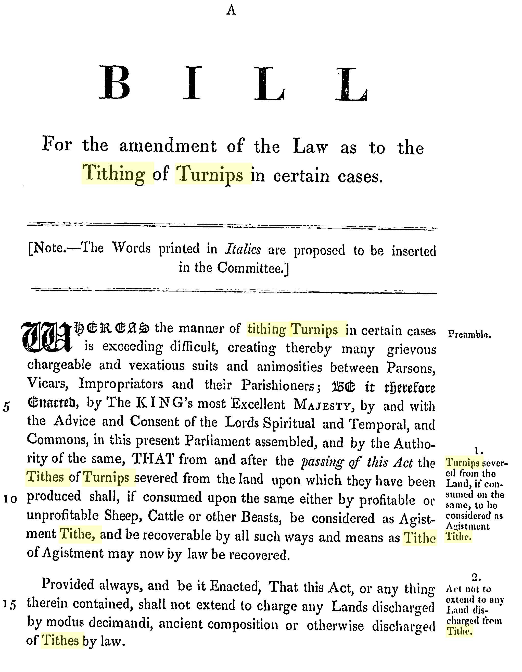 Act passed in 1835 to reject the Tithing of Turnips by the Vicar of East Meon, Rev Thomas Cooke Kemp.