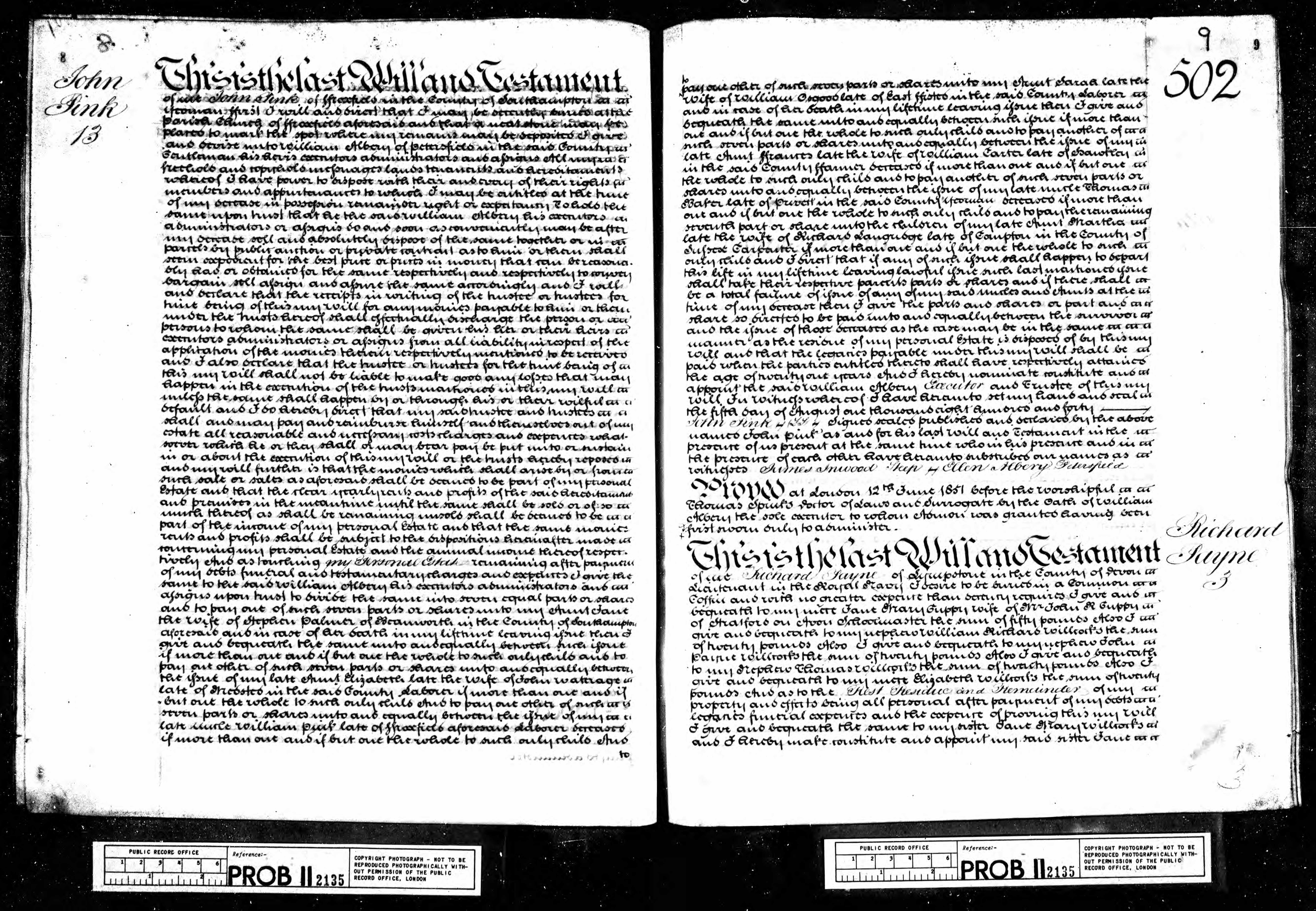 The WIll of John Pink of Froxfield, 1851