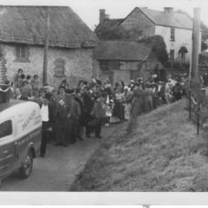 Coronation procession marches past Riverside, 1953. Lodge of Ancient Order of Foresters, Jack Pollard leading, Stuart Pollard on donkey, front row Hack Appleby, Herbie Goddard, Fred Gibbs. Jack Cook near back, wearing cap.