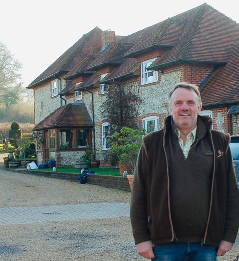 At Upper Parsonage Farmhouse which he and his wife Sue built in the 1990s on the site of what was probably a tithe barn.
