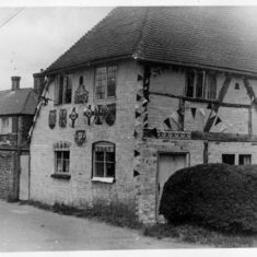 Forge Sound with bunting, Coronation 1953. Hockley Cottage had now disappeared, and the timbers of Foge Sound exposed.