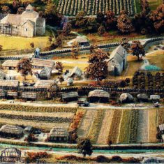 Model of East Meon as Domesday Village, 1986 The village as it might have been in 1086, imagined by Elizabeth Lewis and Edward Roberts, now on display in the Musee de la Tapisserie, Bayeux
