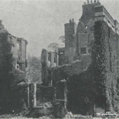 Ruins of Westbury fire Westbury House after the fire of November 1904; the Times reported the gallantry of Le Roy-Lewis in rescuing members of the household staff.
