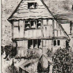 Tudor House engraving by Tricia Blakstad, 1994