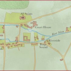 Copnjectural map of Elizabethan East Meon with modern house names